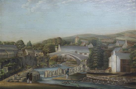19th century Welsh, oil on panel, town scene, 24 x 35cm